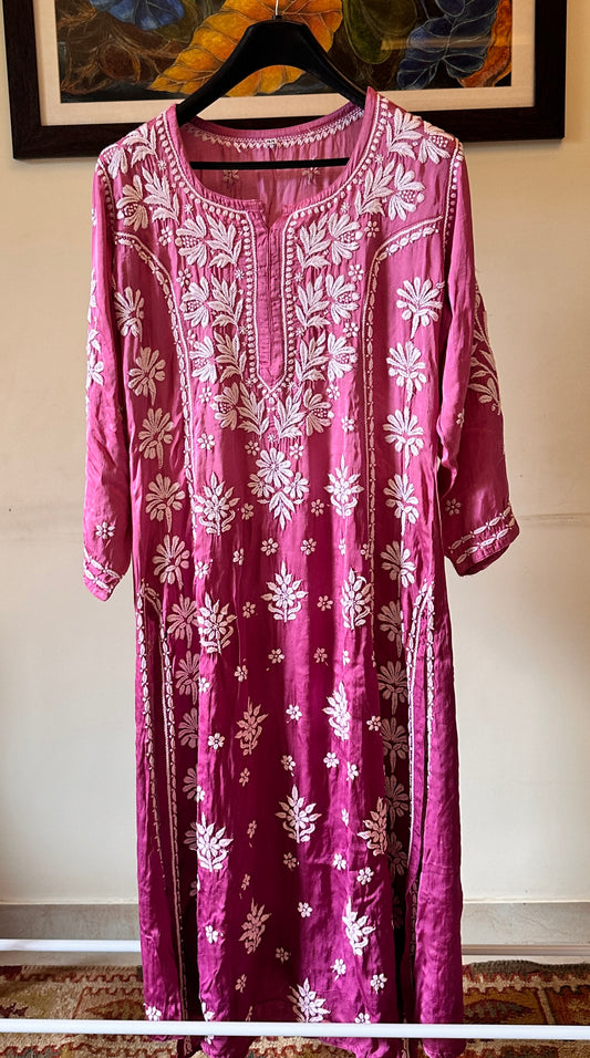 Luxurious Long Chikankari Satin Kurti - Ombre