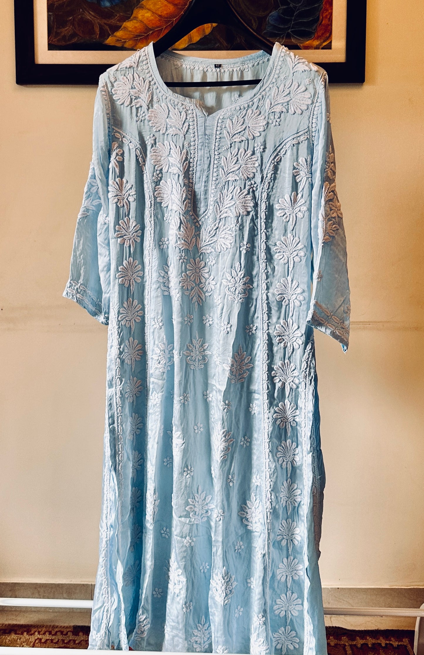 Luxurious Long Chikankari Satin Kurti