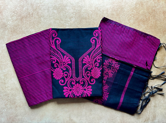 Bold Pink and Black Cotton Silk Suit Set